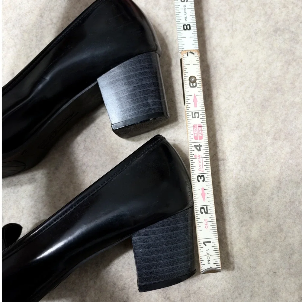 Y2K Heeled Penny Loafers Black Patent Leather Block Heel Shoes 8 Twee Preppy Mod_11
